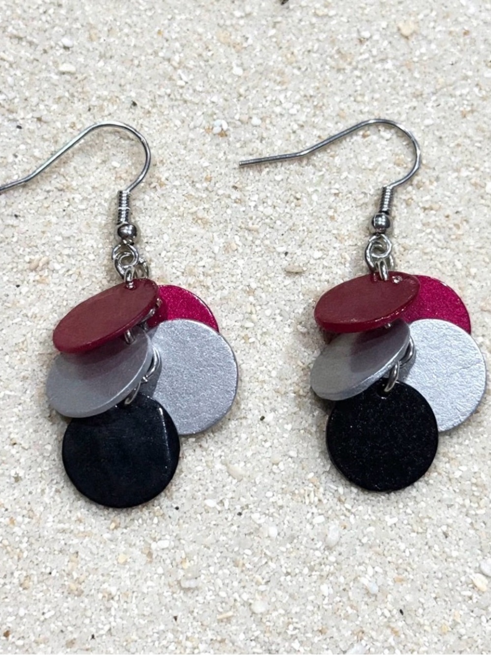 Layered Disc Dangle Earrings in Black, Silver & Magenta